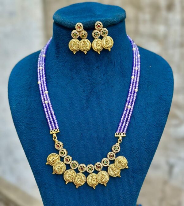 Temple style purple beads necklace with matching earrings